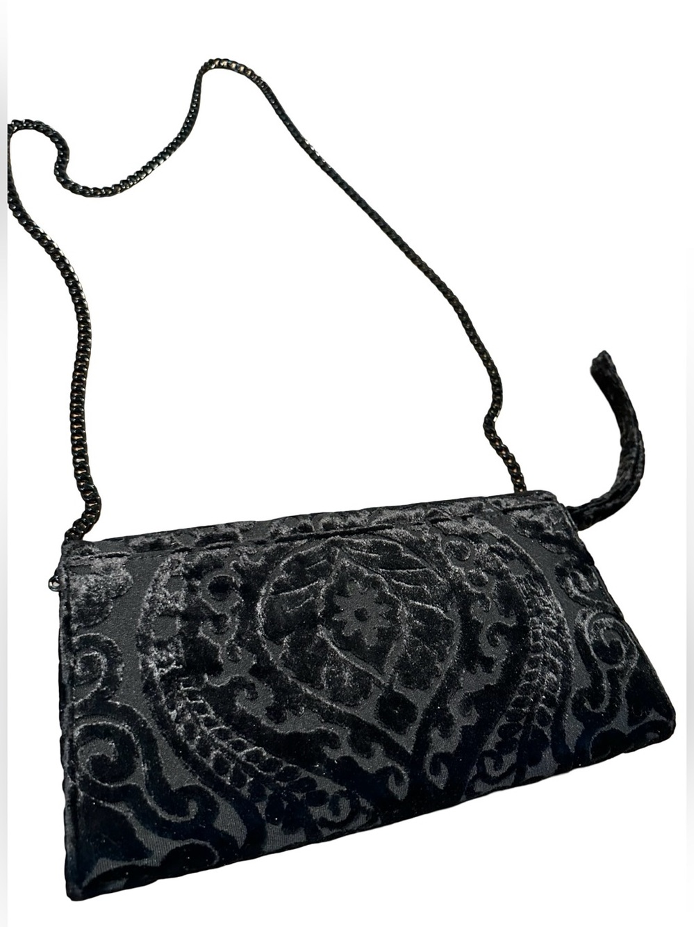 White House Black Market Black Velvet Snap Clutch with Metal Chain Baroque - Picture 3 of 10